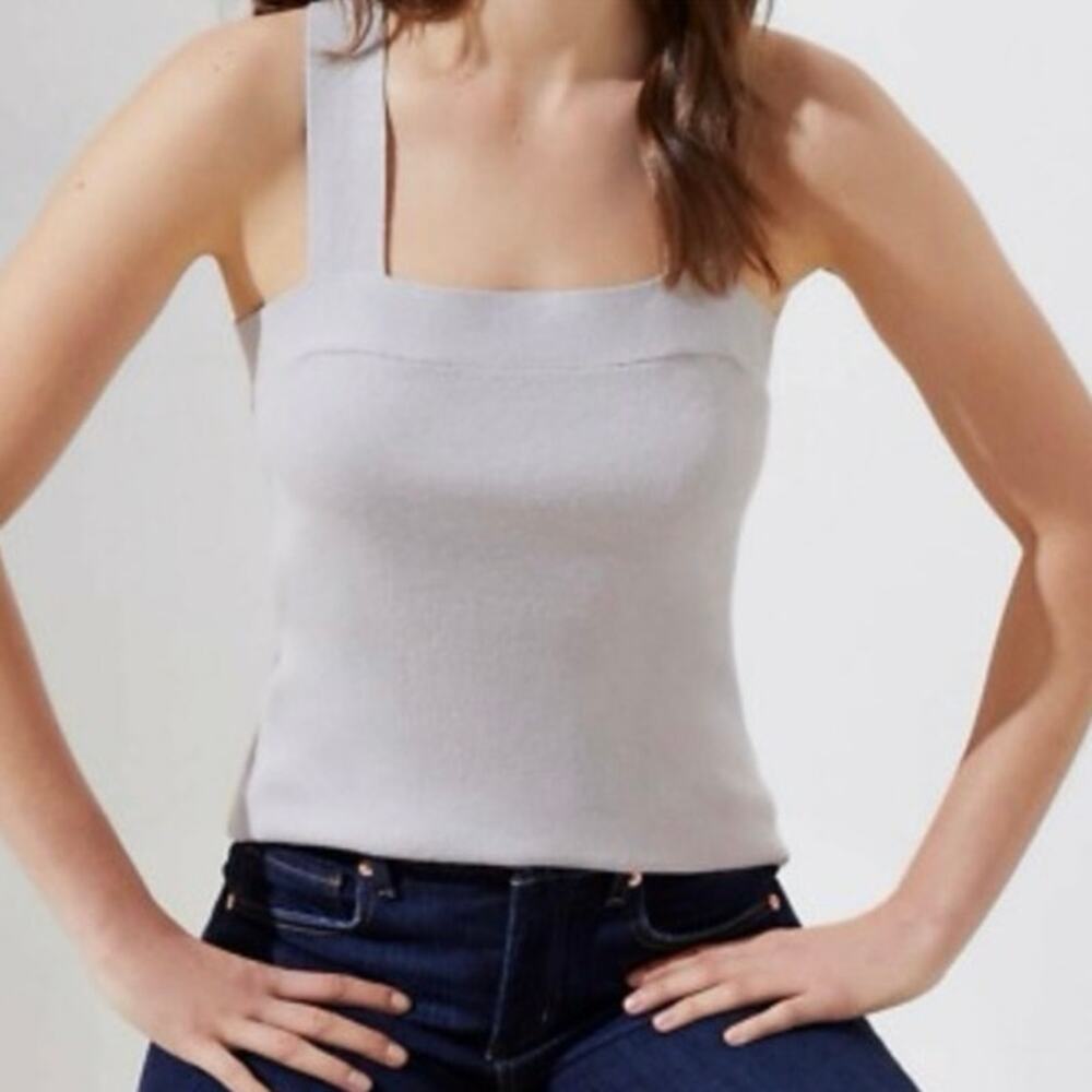 LOFT Ribbed Knit Square Neck Tank Gray Linen Blend Sz 16/18 NWT Minimalist Basic